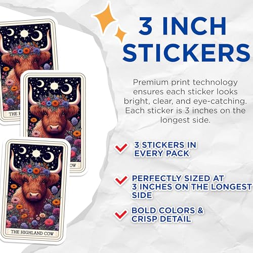 (3 Pack) Highland Cow Decals - Floral Crown Sticker - Laptop Animal Art Decals - 3 Inches On Longest Side - Easy Peel & Apply - Made in USA - 3MCS4200