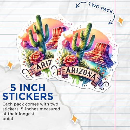 (2 Pack) Arizona Desert Cactus Stickers - Southwest Adventure - Colorful Nature Illustration - 5" On Longest Side - Sticks to Smooth Flat Surfaces - Made in USA - BMCS6517