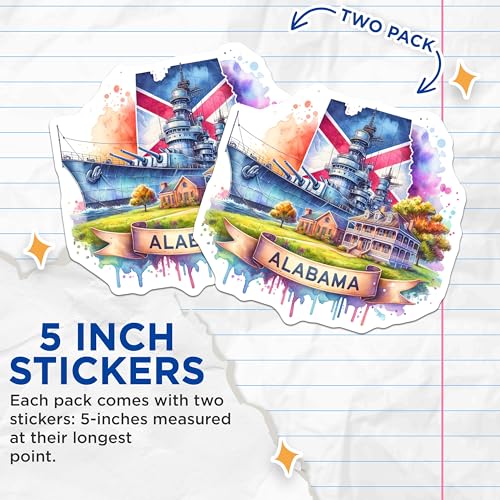 (2 Pack) Alabama Stickers - State Pride Sticker - Travel Adventure Souvenir Sticker - 5" On Longest Side - Sticks to Smooth Flat Surfaces - Made in USA - BMCS6737