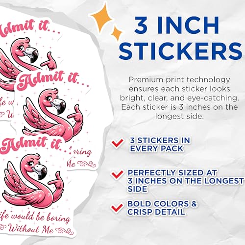 (3 Pack) Funny Flamingo Decals - Sassy Flamingo - Pink Bird Stickers - 3 Inches On Longest Side - Easy Peel & Apply - Made in USA - 3MCS4432