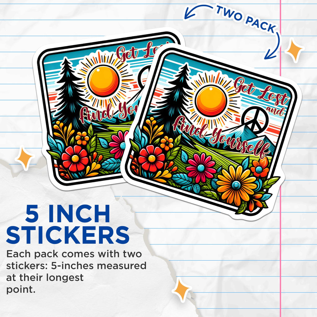 (2 Pack) Get Lost and Find Yourself Stickers - Nature Adventure Stickers - Inspirational Travel Stickers - 5" On Longest Side - Sticks to Any Smooth Flat Surface - Made in USA - BMCS3273