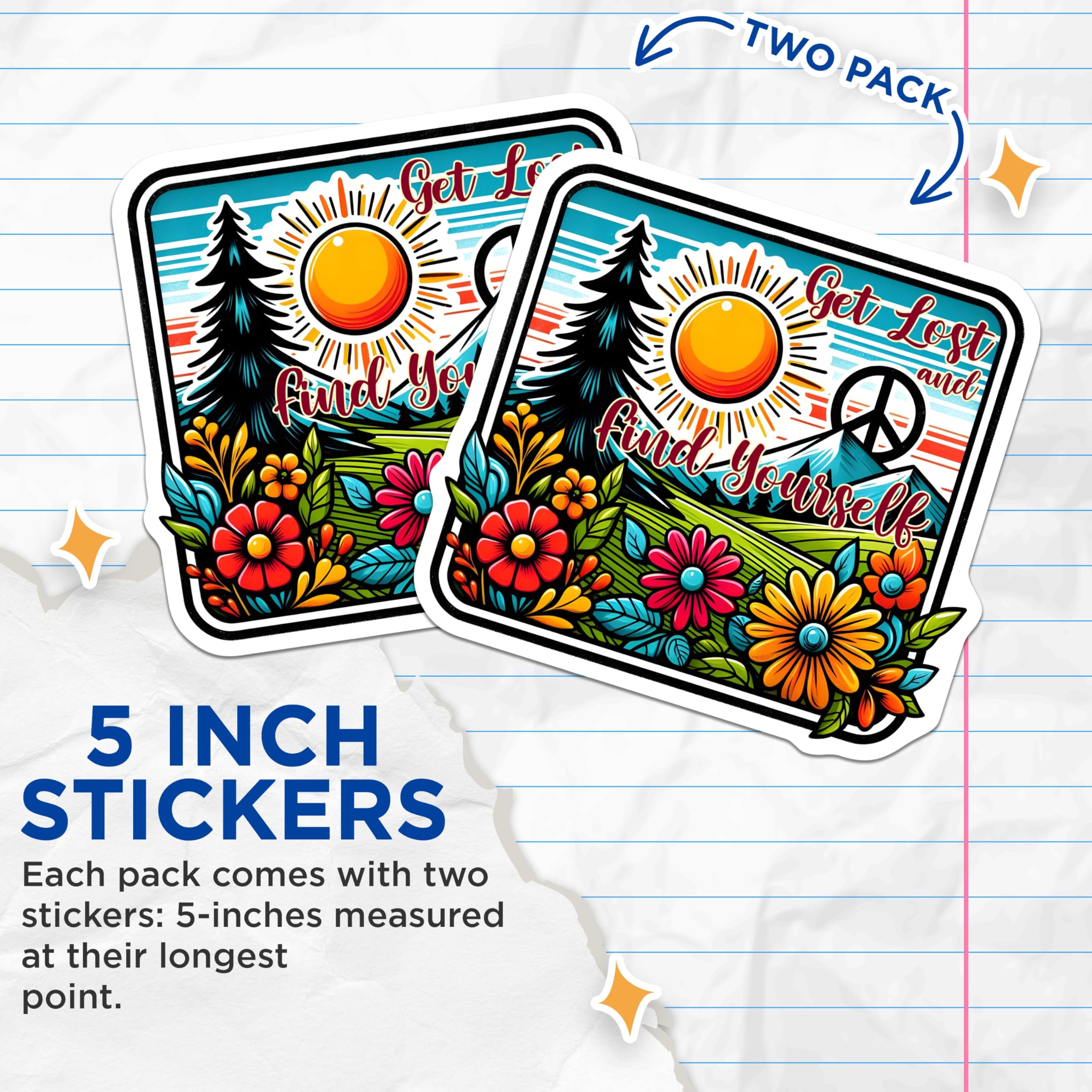 (2 Pack) Get Lost and Find Yourself Stickers - Nature Adventure Stickers - Inspirational Travel Stickers - 5" On Longest Side - Sticks to Any Smooth Flat Surface - Made in USA - BMCS3273