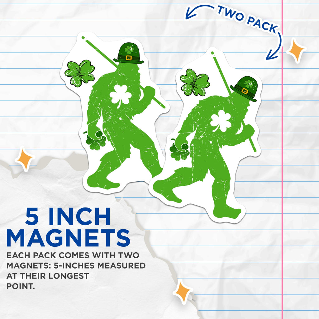 (2 Pack) Bigfoot Leprechaun Magnets - St Patricks Day Decor - Shamrock Sasquatch Art - 5 Inches On Longest Side - Thick Durable Magnet - Made in USA - MAG20947