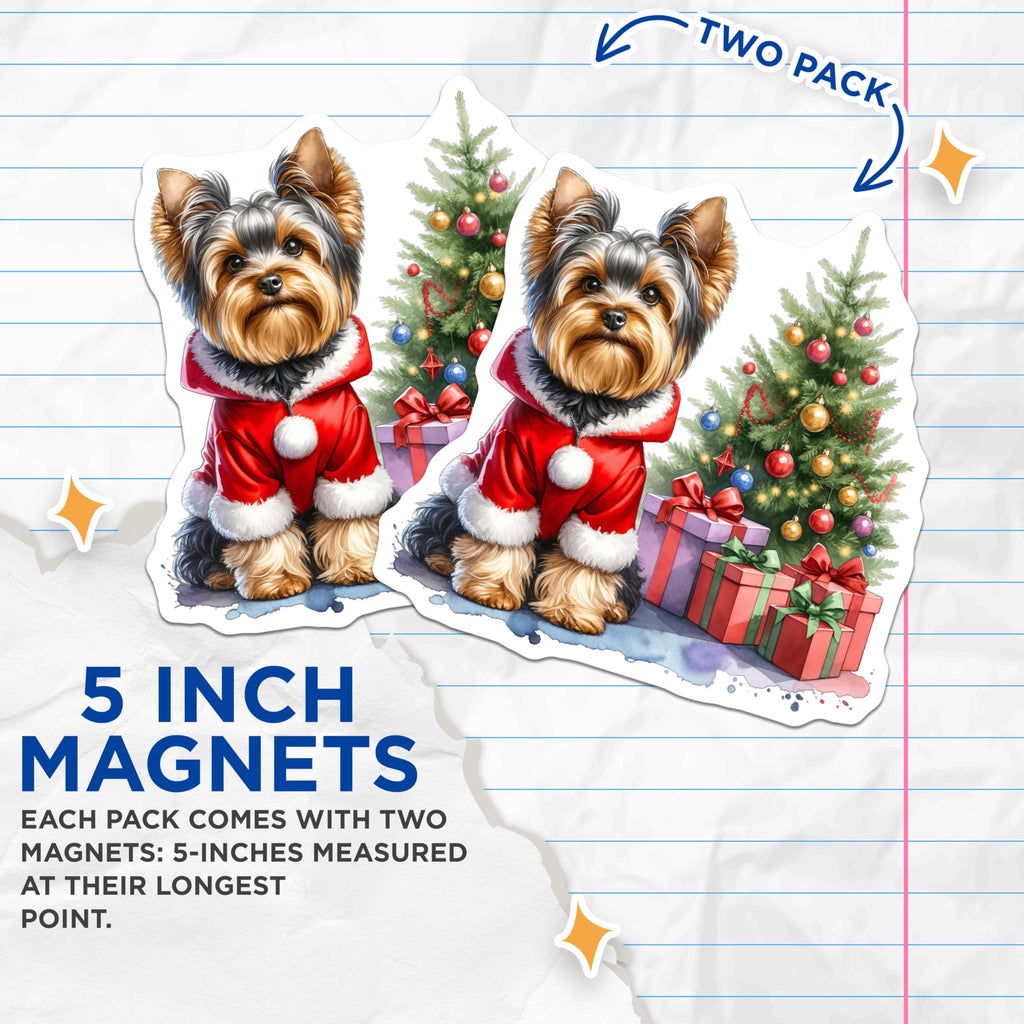 (2 Pack) Yorkshire Terrier Magnets - Santa Claus Dog Christmas - Holiday Pet Fridge Decor - Winter Puppy Art Scene - 5 Inches On Longest Side - Thick Durable Magnet - Made in USA - MAG23858