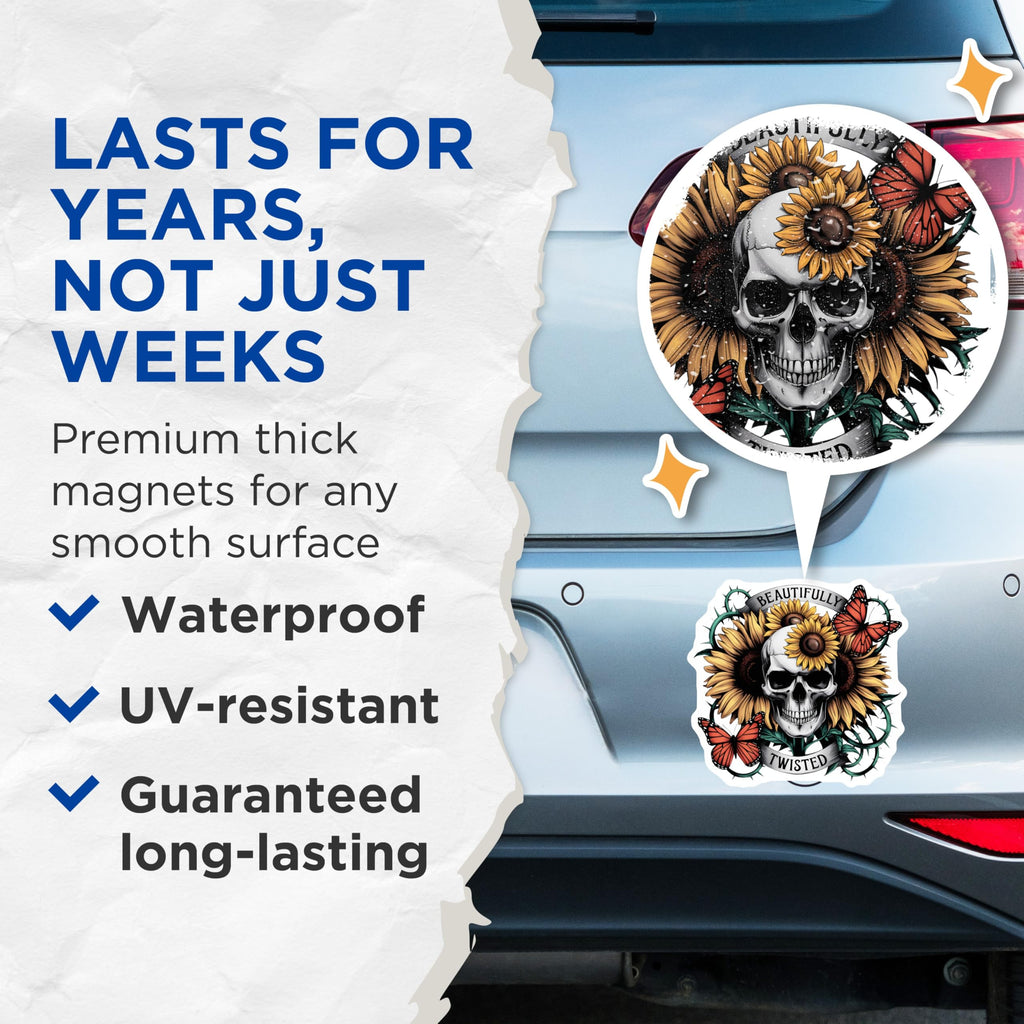 (2 Pack) Skull Sunflowers Magnets - Beautifully Twisted Art - Gothic Floral Decor - Monarch Butterfly Vines - 5 Inches On Longest Side - Thick Durable Magnet - Made in USA - MAG22183