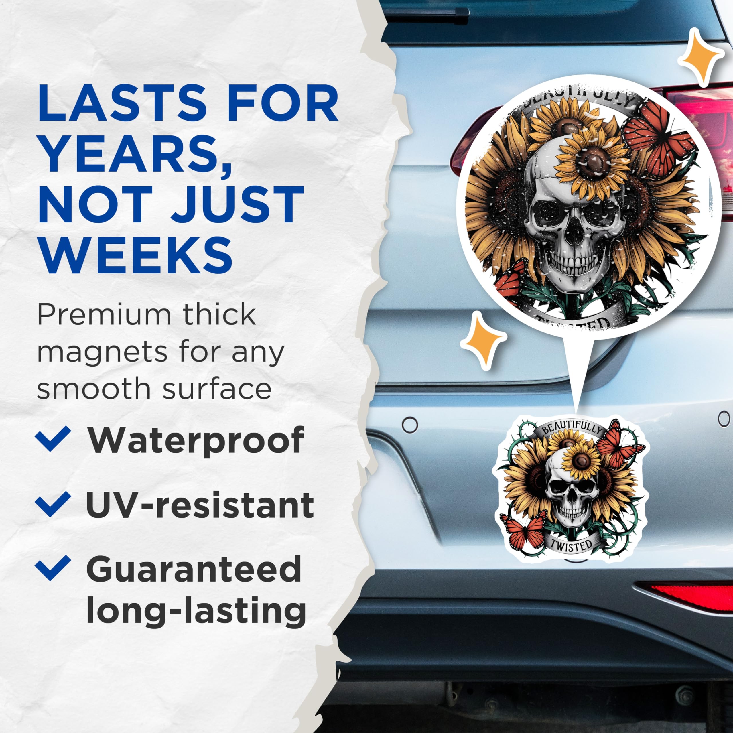 (2 Pack) Skull Sunflowers Magnets - Beautifully Twisted Art - Gothic Floral Decor - Monarch Butterfly Vines - 5 Inches On Longest Side - Thick Durable Magnet - Made in USA - MAG22183