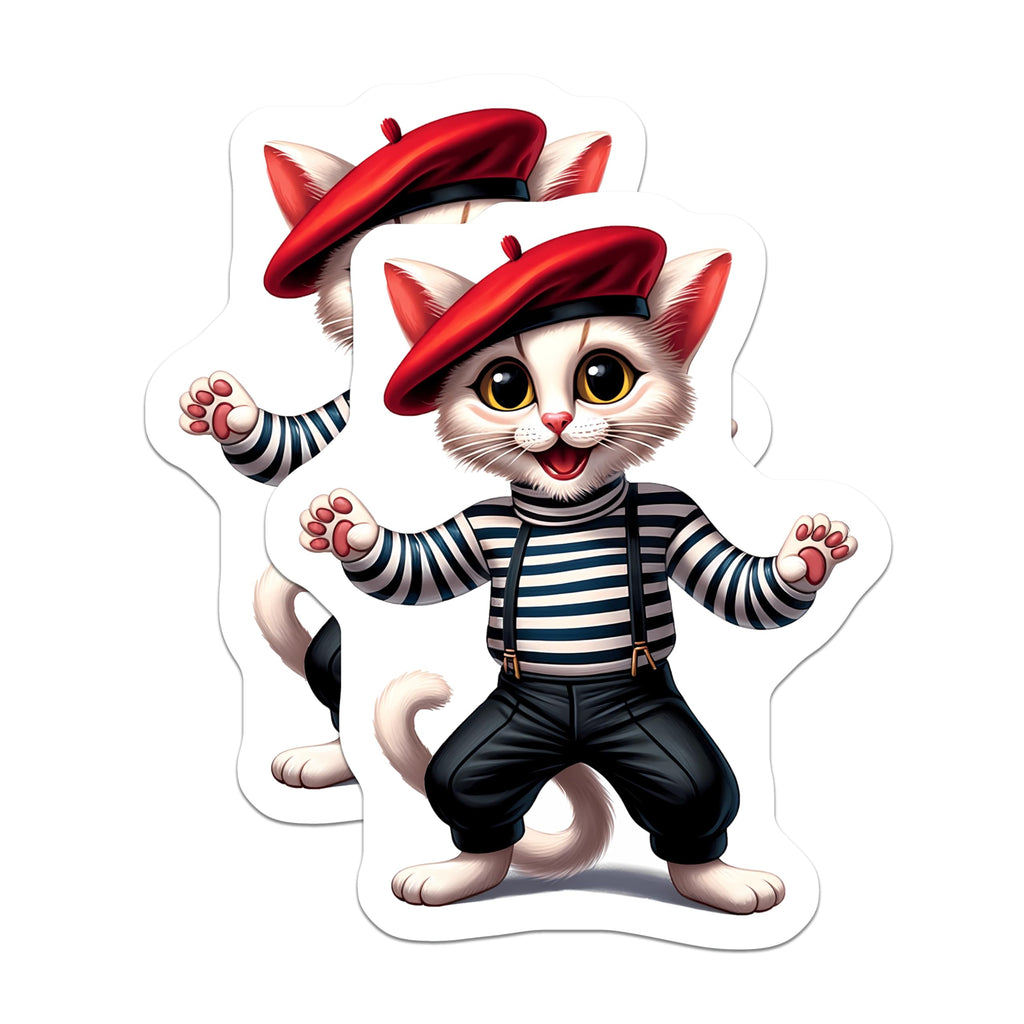 (2 Pack) French Mime Cat Magnets - Adorable Beret Kitty - Refrigerator Locker Decor - 5 Inches On Longest Side - Thick Durable Magnet - Made in USA - MAG22410