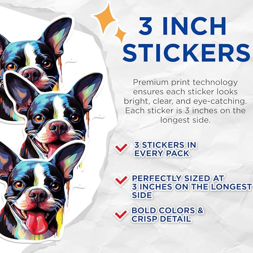 (3 Pack) Boston Terrier Decals - Cute Dog Decal - Laptop Decals - 3 Inches On Longest Side - Easy Peel & Apply - Made in USA - 3MCS0665