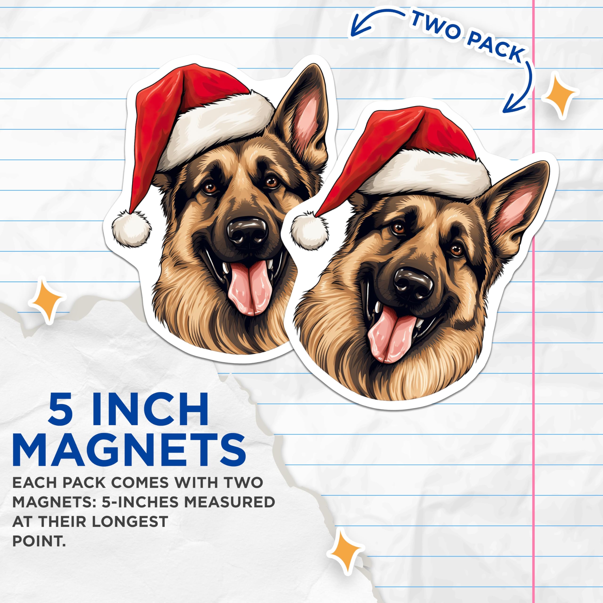 (2 Pack) German Shepherd Christmas Magnets - Santa Hat Dog - Holiday Fridge Decor - 5 Inches On Longest Side - Thick Durable Magnet - Made in USA - MAG25807