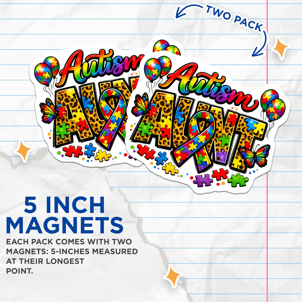 (2 Pack) Autism Aunt Magnets - Neurodiversity Advocate - Colorful Puzzle Piece Design - Leopard Print Supporter - 5 Inches On Longest Side - Thick Durable Magnet - Made in USA - MAG25994