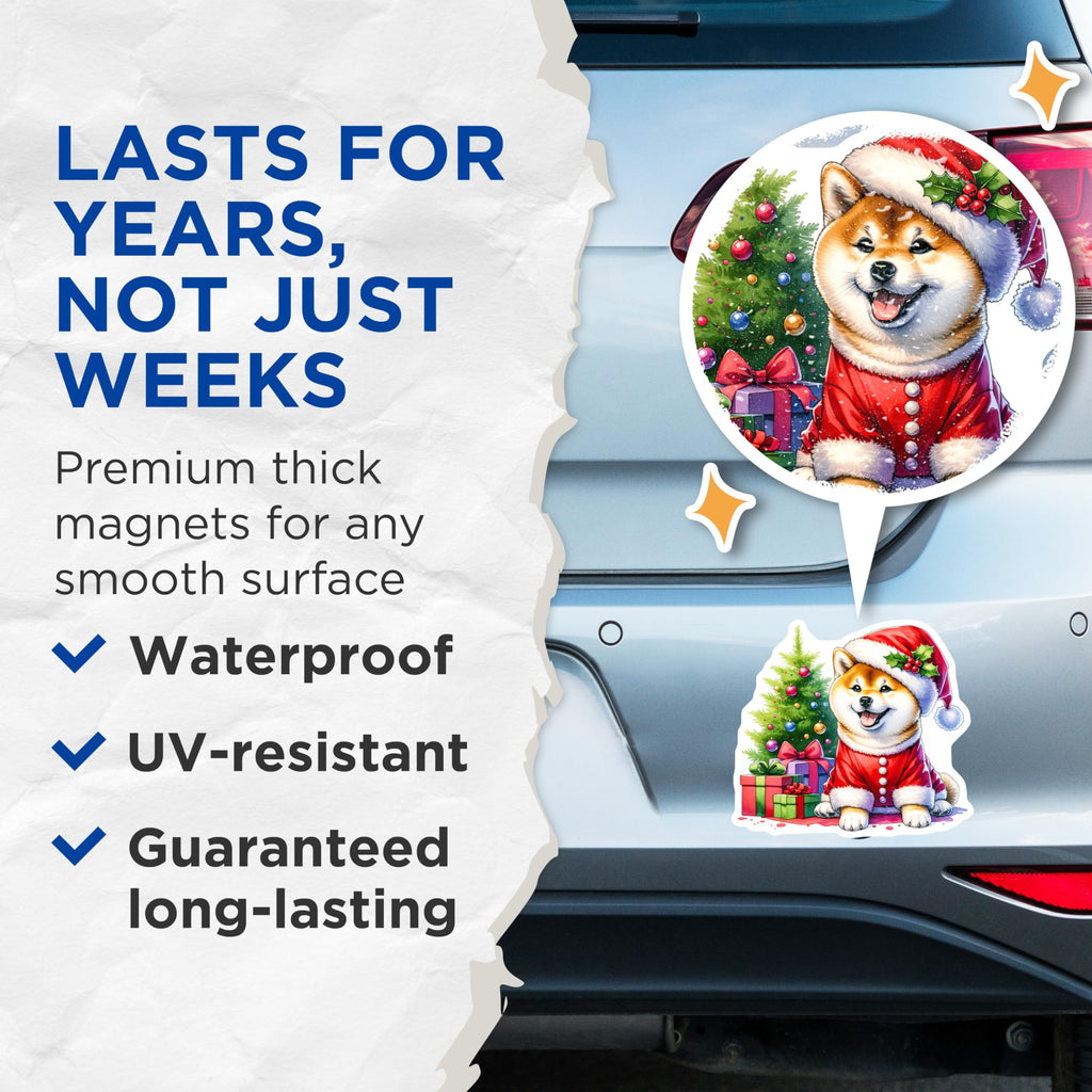 (2 Pack) Shiba Inu Christmas Magnets - Happy Santa Dog Holiday Decor - Festive Winter Pet Fridge Art Display - 5 Inches On Longest Side - Thick Durable Magnet - Made in USA - MAG24670