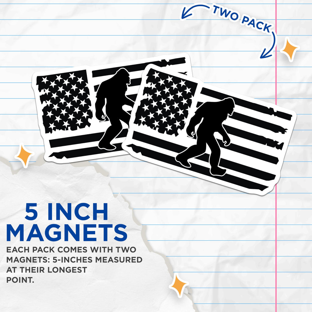(2 Pack) Bigfoot American Flag Magnets - Patriotic Sasquatch Silhouette - USA Cryptid Lore Decor - Outdoor Adventure Item - 5 Inches On Longest Side - Thick Durable Magnet - Made in USA - MAG21344