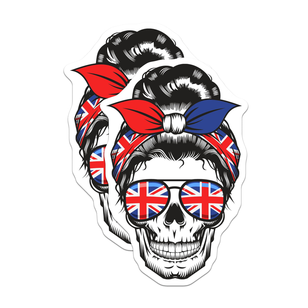 (2 Pack) Messy Bun Skull Magnets - Union Jack Sunglasses - British Flag Headband - UK Pride Decor - 5 Inches On Longest Side - Thick Durable Magnet - Made in USA - MAG19027