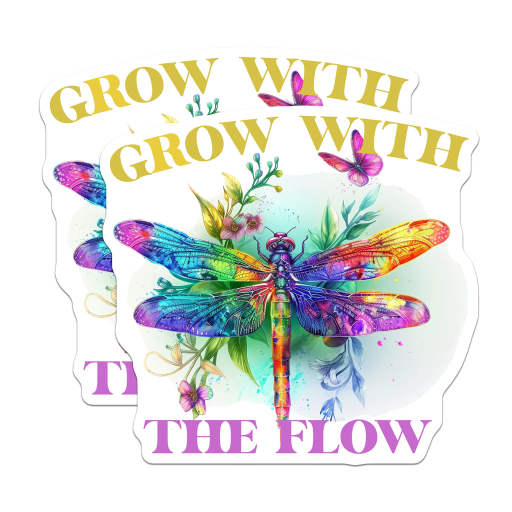 (2 Pack) Grow with The Flow Magnets - Watercolor Dragonfly - Boho Inspirational Quote - Nature Lover Fridge Decor - 5 Inches On Longest Side - Thick Durable Magnet - Made in USA - MAG38288