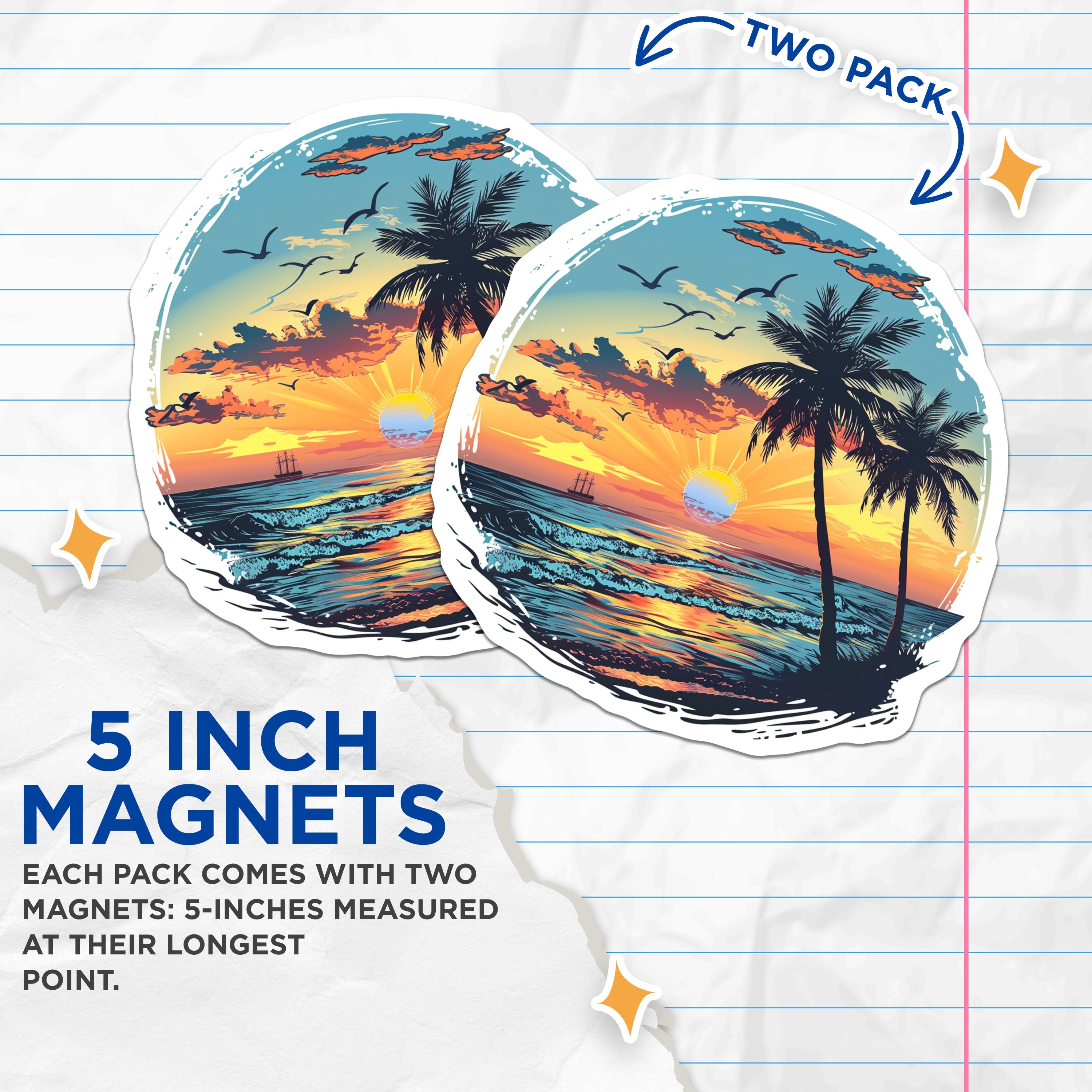 (2 Pack) Tropical Sunset Beach Magnets - Coastal Decor Vibes - Ocean Palm Tree Art - 5 Inches On Longest Side - Thick Durable Magnet - Made in USA - MAG39211