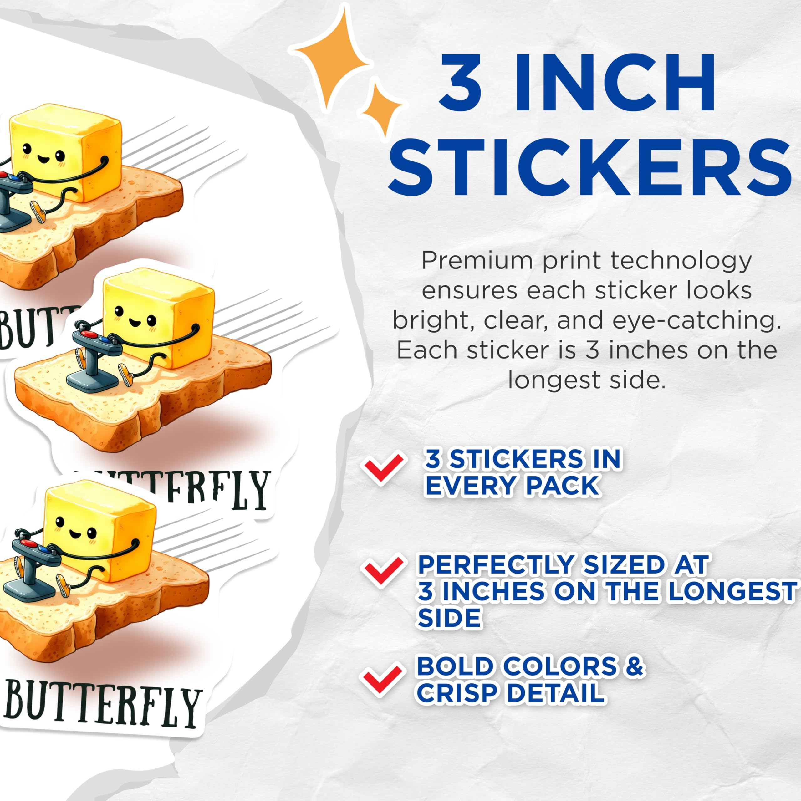 (3 Pack) Butterfly Decals - Butter Bread - Funny Food Decals - 3 Inches On Longest Side - Easy Peel & Apply - Made in USA - 3MCS6361