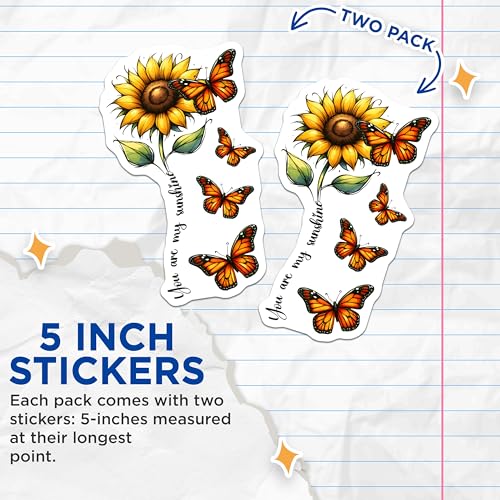 (2 Pack) Sunflower Butterfly Stickers - Inspirational Quotes - Bright Floral Decals - 5" On Longest Side - Sticks to Smooth Flat Surfaces - Made in USA - BMCS7988