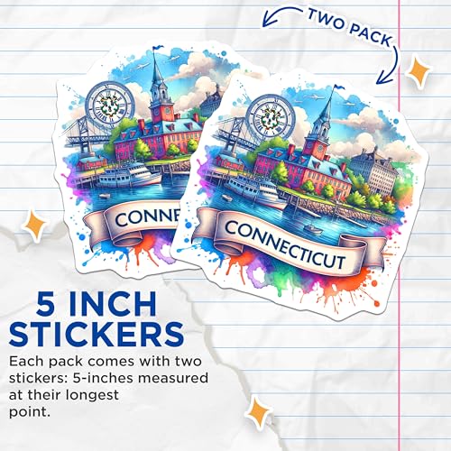 (2 Pack) Connecticut Stickers - New England State Sticker - Travel Souvenir Sticker - 5" On Longest Side - Sticks to Smooth Flat Surfaces - Made in USA - BMCS6799