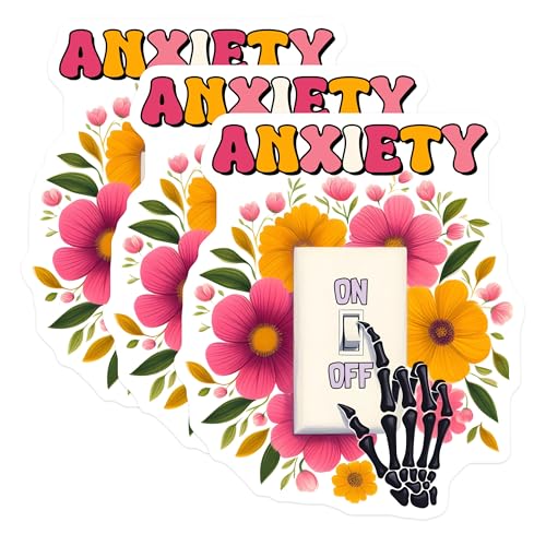 (3 Pack) Anxiety On Off Decals - Skeleton Hand Decal - Floral Flower Decal - 3 Inches On Longest Side - Easy Peel & Apply - Made in USA - 3MCS8524