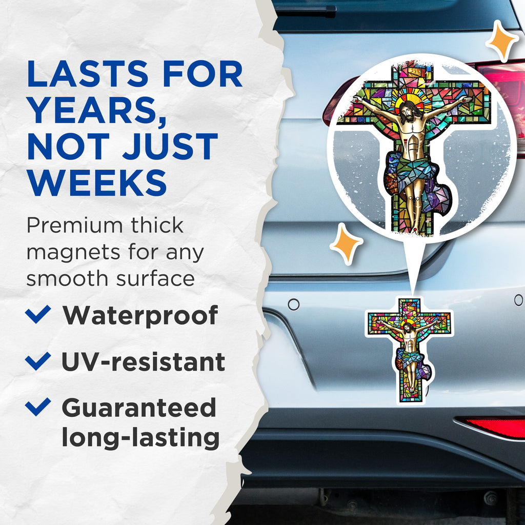 (2 Pack) Stained Glass Crucifix Magnets - Christian Religious Decor - Faith Art Refrigerator Magnet - 5 Inches On Longest Side - Thick Durable Magnet - Made in USA - MAG39476