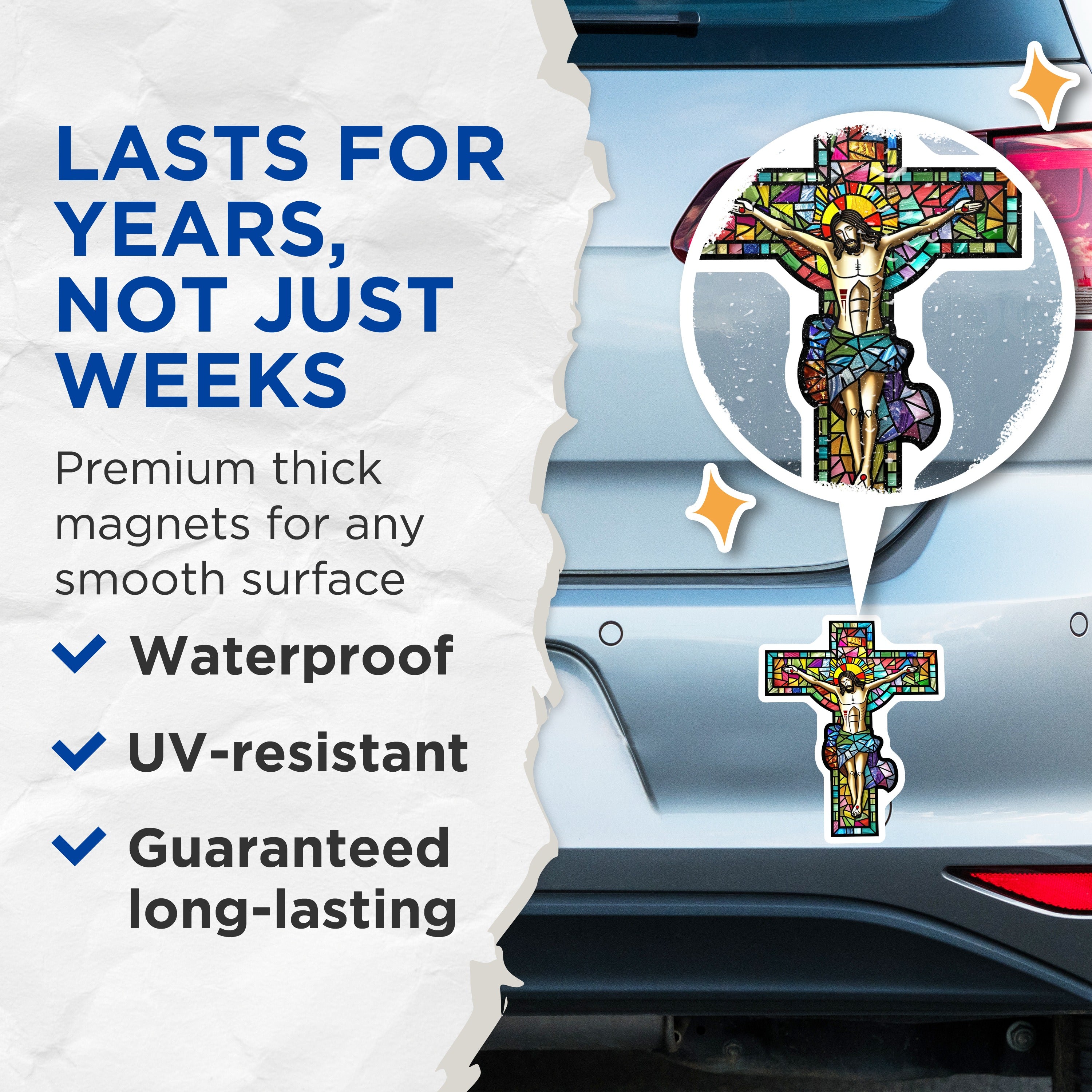 (2 Pack) Stained Glass Crucifix Magnets - Christian Religious Decor - Faith Art Refrigerator Magnet - 5 Inches On Longest Side - Thick Durable Magnet - Made in USA - MAG39476