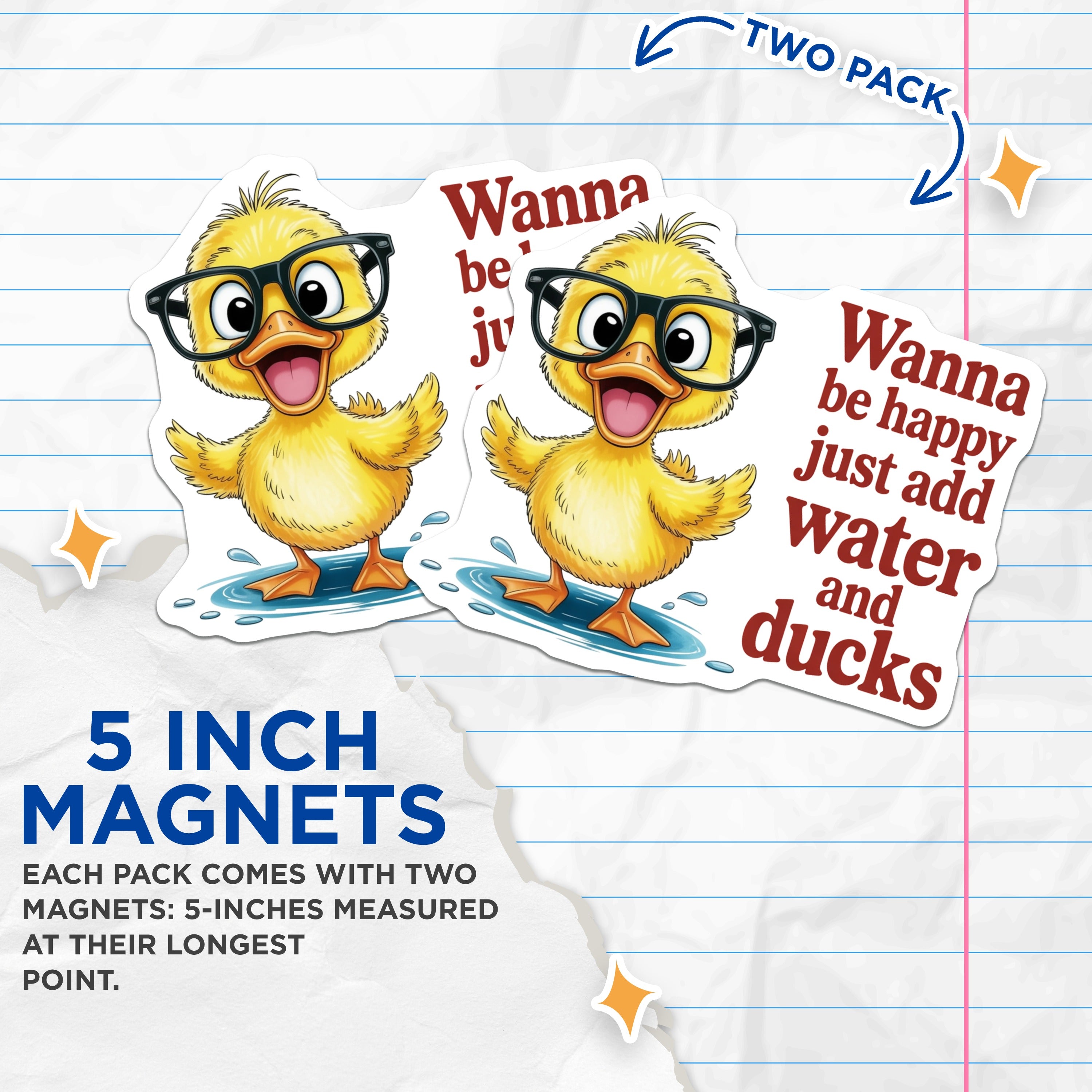 (2 Pack) Cute Duck Magnets - Happy Quote Refrigerator Decor - Funny Animal Kitchen Appliance Accents - 5 Inches On Longest Side - Thick Durable Magnet - Made in USA - MAG38800