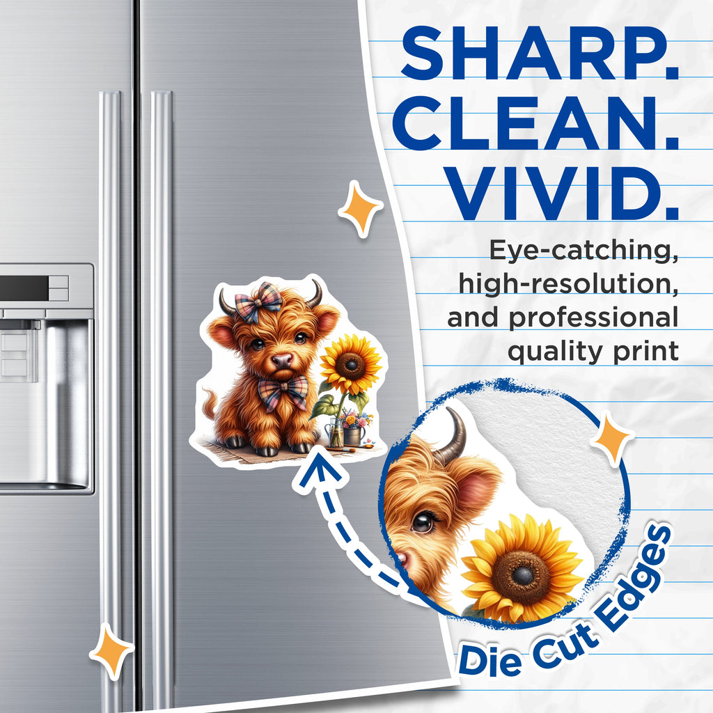 (2 Pack) Cute Highland Cow Magnets - Baby Cow Decor - Sunflower Farmhouse Kitchen - Rustic Refrigerator Animal Lover - 5 Inches On Longest Side - Thick Durable Magnet - Made in USA - MAG36607