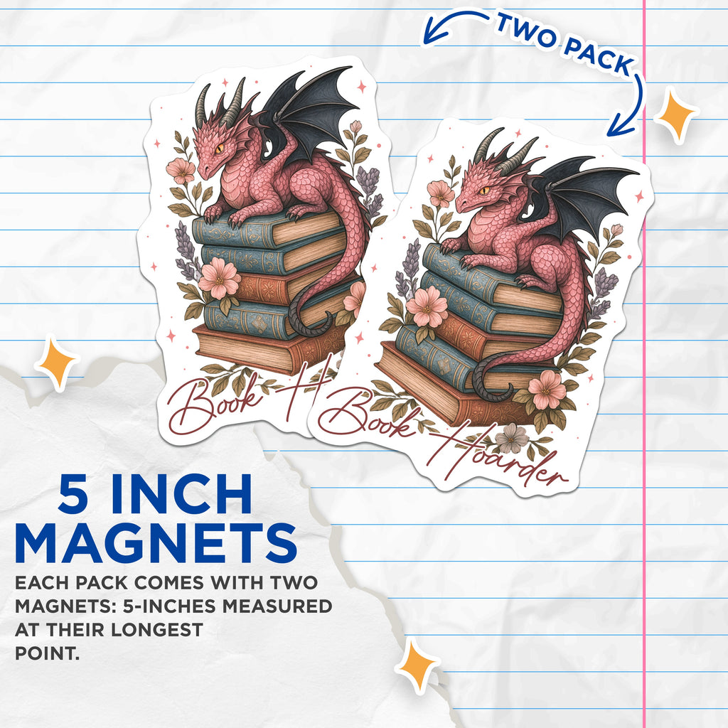 (2 Pack) Dragon Book Lover Magnets - Bookish Aesthetic - Fantasy Reader Decor - Librarian Gift Idea - 5 Inches On Longest Side - Thick Durable Magnet - Made in USA - MAG37070