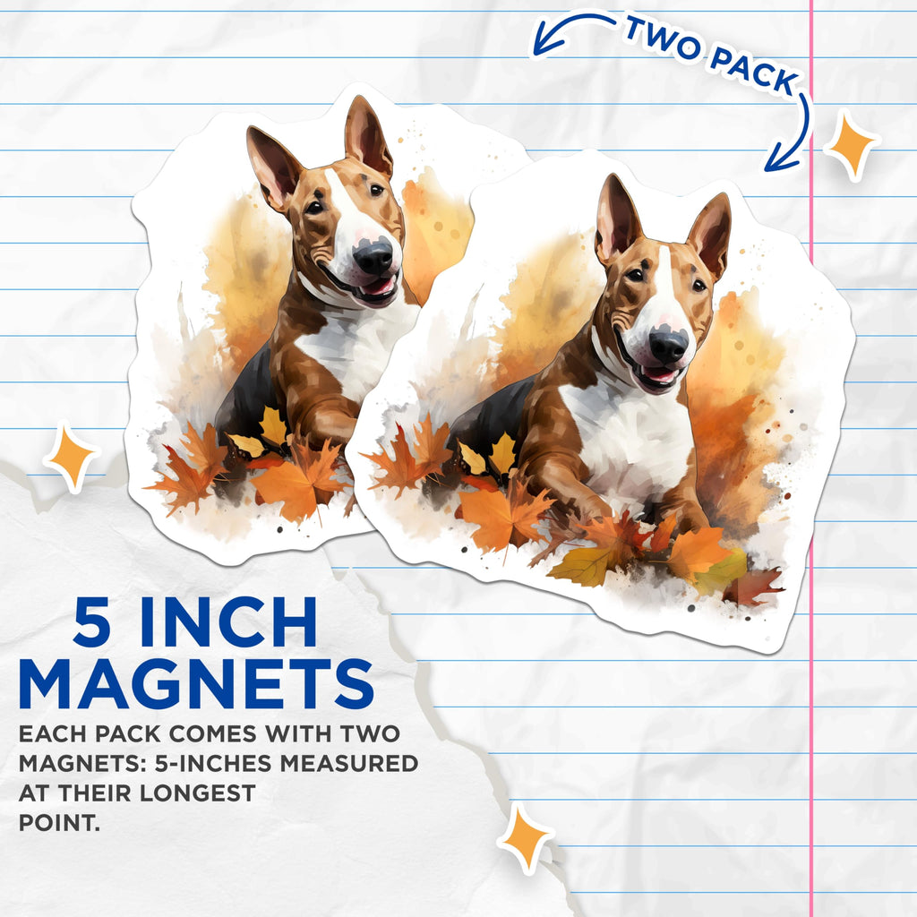 (2 Pack) Bull Terrier Magnets - Fall Dog Art - Autumn Pet Lover Decor - 5 Inches On Longest Side - Thick Durable Magnet - Made in USA - MAG28836