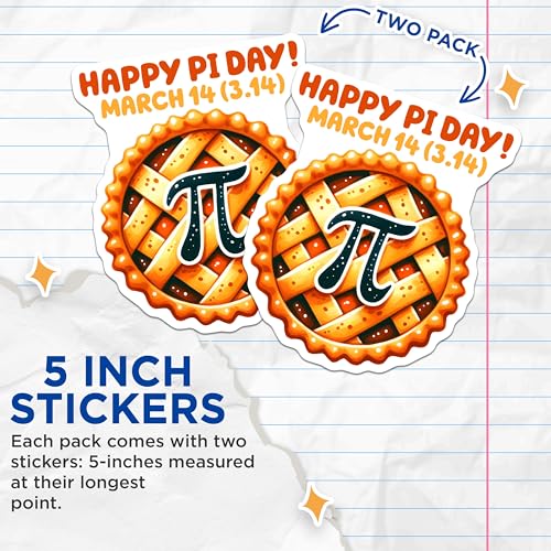 (2 Pack) Happy Pi Day Stickers - March 14 - Pi Symbol - 5" On Longest Side - Sticks to Smooth Flat Surfaces - Made in USA - BMCS8170