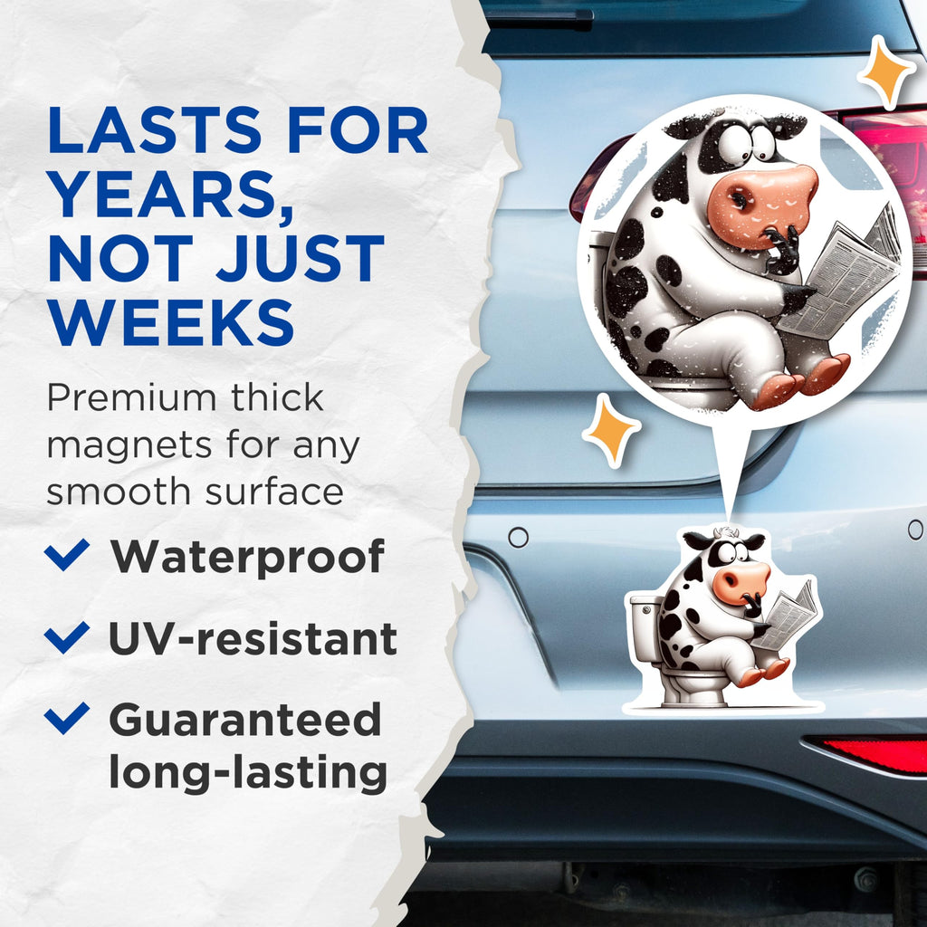 (2 Pack) Cow on Toilet Magnets - Reading Newspaper Magnet - Funny Fridge Magnets - 5" On Longest Side - Premium Magnet - for Cars, Refrigerators, Toolboxes, Lockers - Made in USA - MAG15448