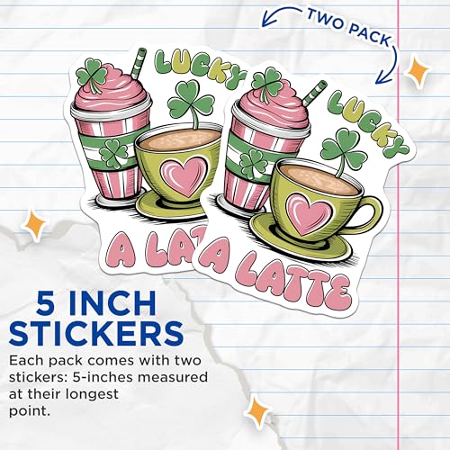 (2 Pack) Lucky Shamrock Latte Stickers - Coffee Lover - Cute Clover Decal - 5" On Longest Side - Sticks to Smooth Flat Surfaces - Made in USA - BMCS8414