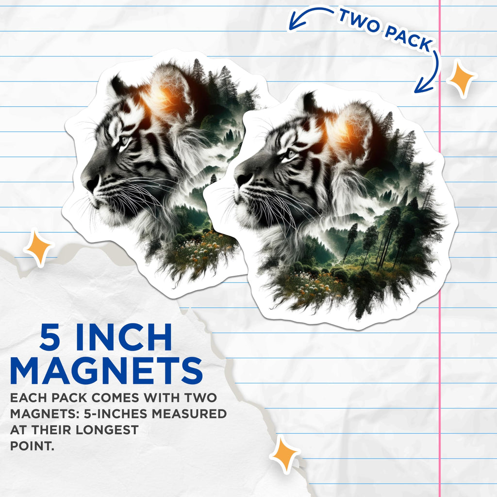 (2 Pack) Tiger Forest Fusion Magnets - Animal Art - Nature Inspired Refrigerator Magnets - 5" On Longest Side - Premium Magnet - for Cars, Refrigerators, Toolboxes, Lockers - Made in USA - MAG15493