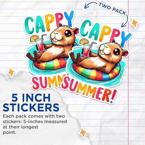 (2 Pack) Cappy Summer Stickers - Cute Guinea Pig Stickers - Colorful Animal Stickers - 5" On Longest Side - Sticks to Any Smooth Flat Surface - Made in USA - BMCS2664