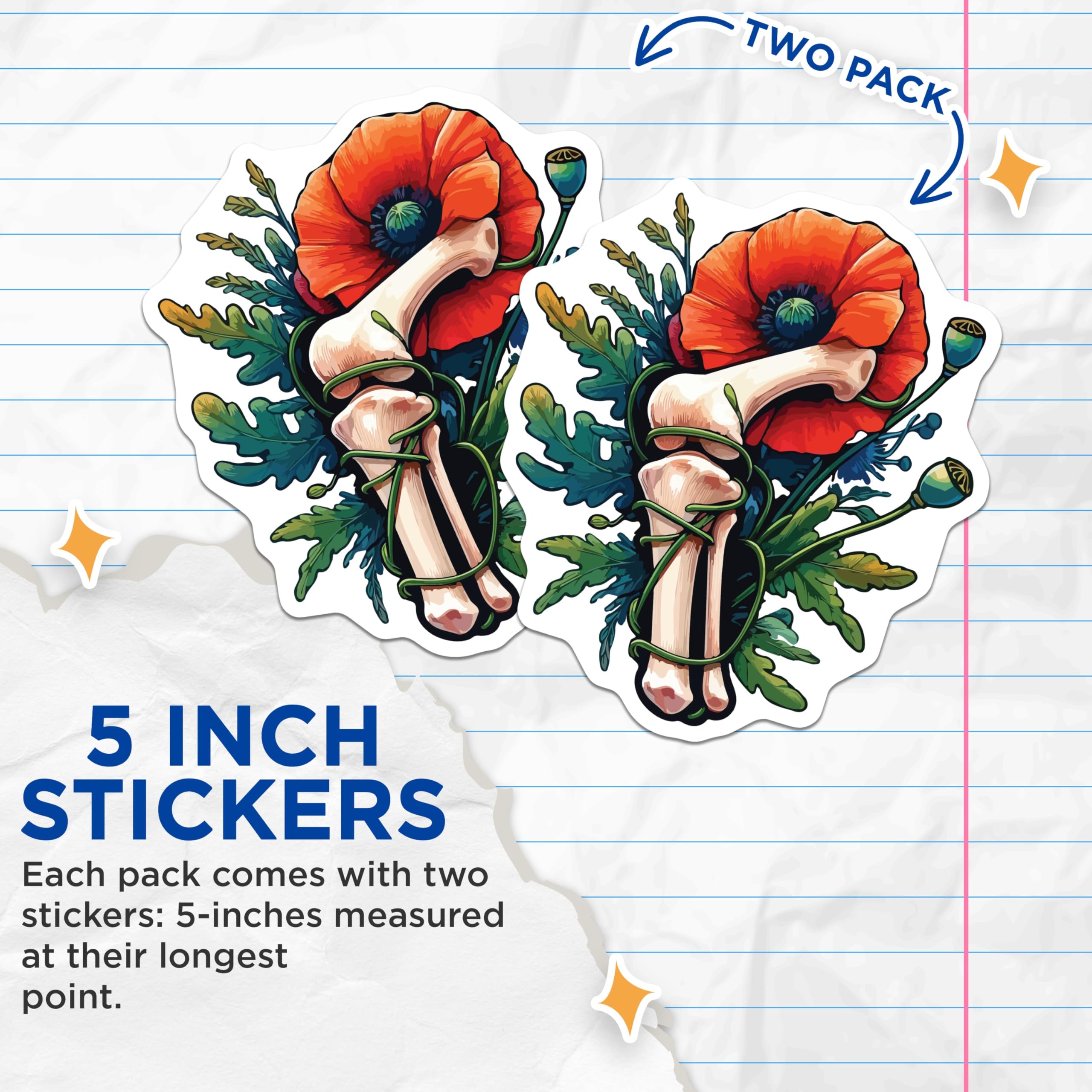 (2 Pack) Poppy Bones Stickers - Floral Skeleton Art - Botanical Anatomy Decor - 5" On Longest Side - Sticks to Smooth Flat Surfaces - Made in USA - BMCS20094