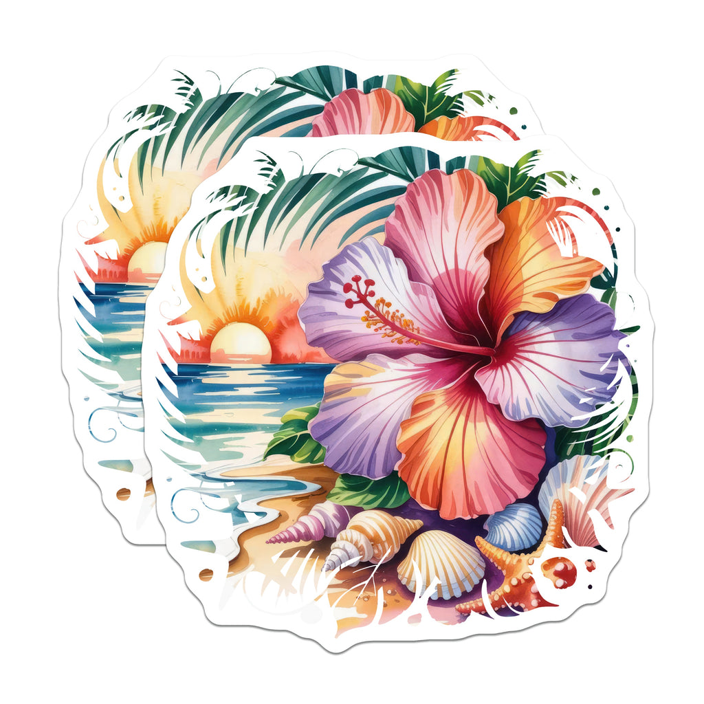 (2 Pack) Tropical Beach Scene Magnets - Hawaiian Hibiscus Floral Art - Ocean Sunset Beach Decor - Seashell Starfish - 5 Inches On Longest Side - Thick Durable Magnet - Made in USA - MAG39158