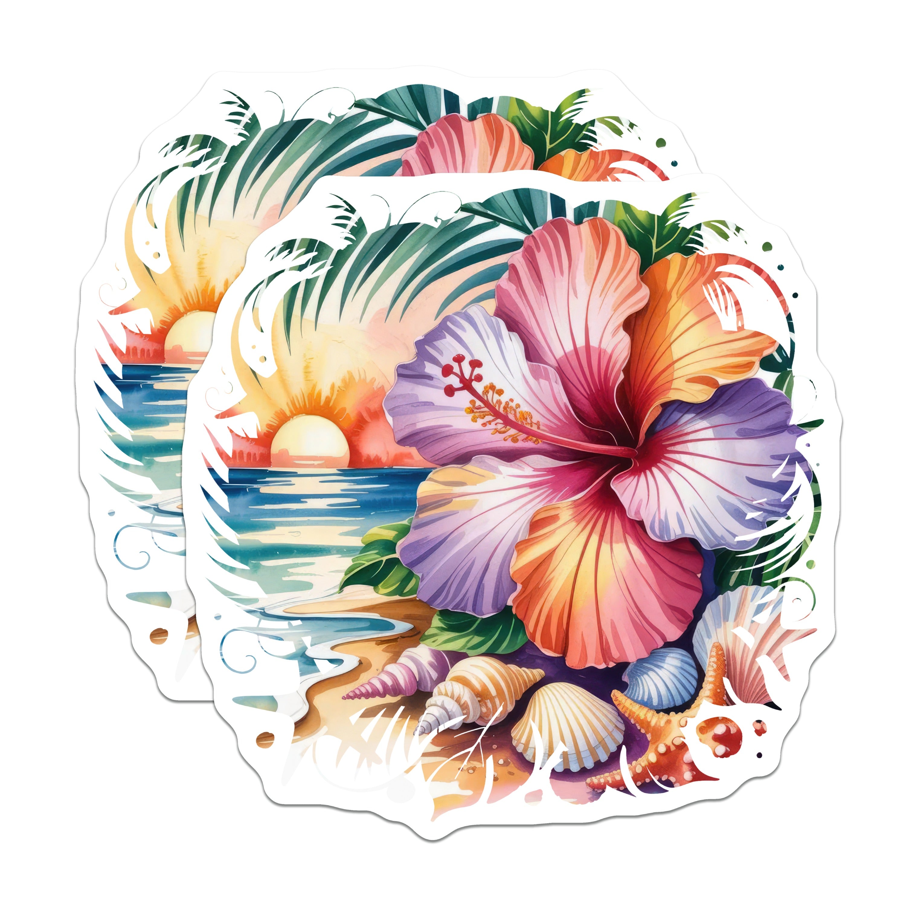 (2 Pack) Tropical Beach Scene Magnets - Hawaiian Hibiscus Floral Art - Ocean Sunset Beach Decor - Seashell Starfish - 5 Inches On Longest Side - Thick Durable Magnet - Made in USA - MAG39158