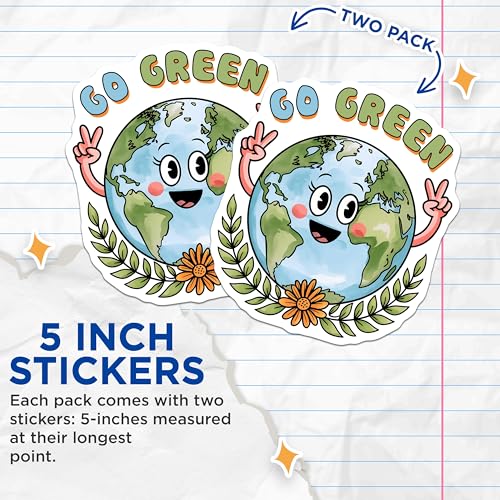 (2 Pack) Go Green Stickers - Earth Smiling - Eco Friendly Decals - Environmental Awareness - 5" On Longest Side - Sticks to Smooth Flat Surfaces - Made in USA - BMCS7685
