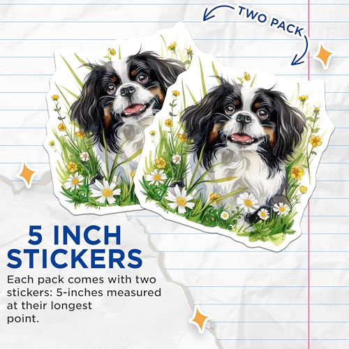 (2 Pack) Cute Dog Stickers - Animal Lovers - Dog Illustration - Floral Background - 5" On Longest Side - Sticks to Smooth Flat Surfaces - Made in USA - BMCS6522