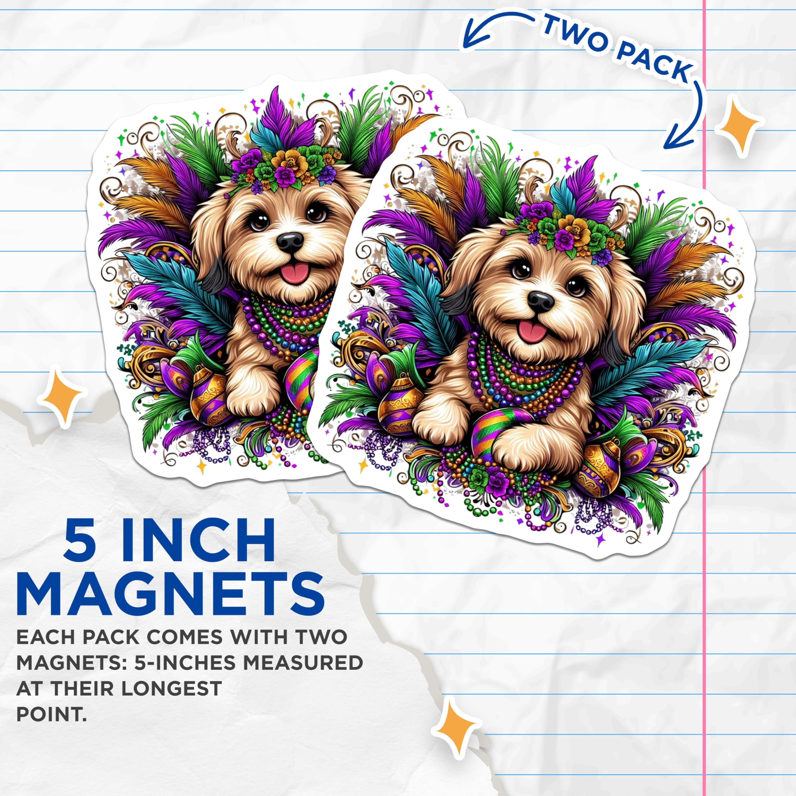 (2 Pack) Mardi Gras Dog Magnets - Cute Puppy - Party Celebration Decor - 5" On Longest Side - Premium Magnet - for Cars, Refrigerators, Toolboxes, Lockers - Made in USA - MAG14988