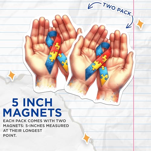 (2 Pack) Autism Awareness Magnets - Puzzle Ribbon - Support - Advocacy - 5" On Longest Side - for Cars, Fridges, Toolboxes - Made in USA - MAG6689