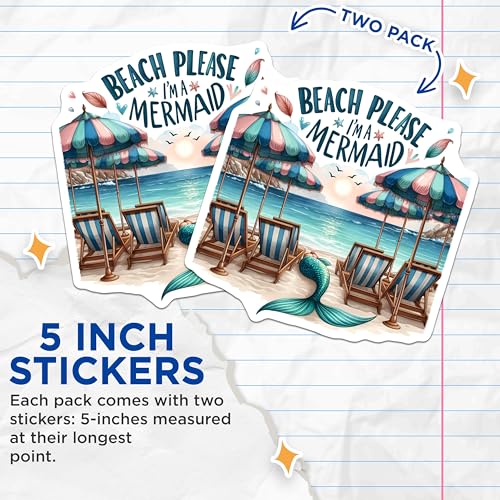 (2 Pack) Beach Please I'm A Mermaid Stickers - Cute Beach Lover Sticker - Fun Summer Sticker Set - 5" On Longest Side - Sticks to Smooth Flat Surfaces - Made in USA - BMCS9281