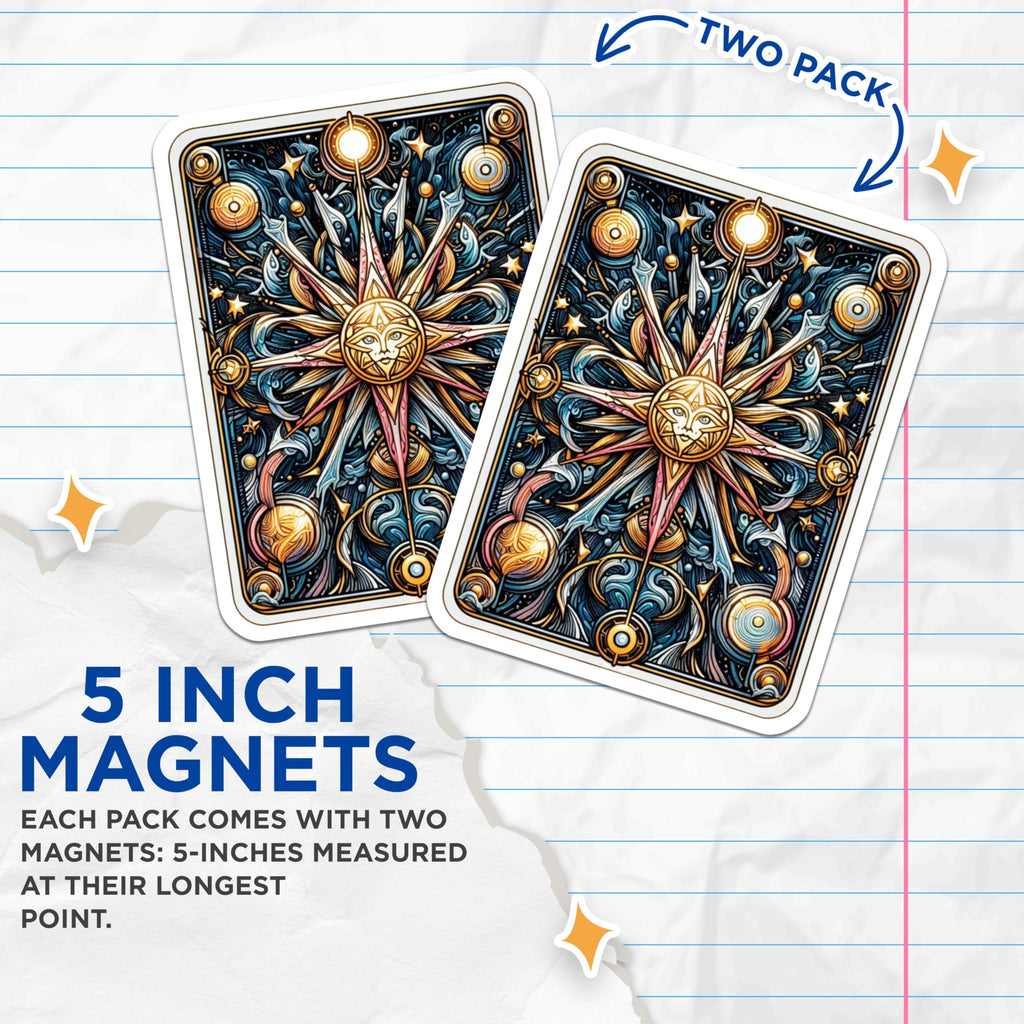 (2 Pack) Tarot Sun Card Magnets - Mystical Celestial Decor - Esoteric Spiritual Art - 5 Inches On Longest Side - Thick Durable Magnet - Made in USA - MAG22284