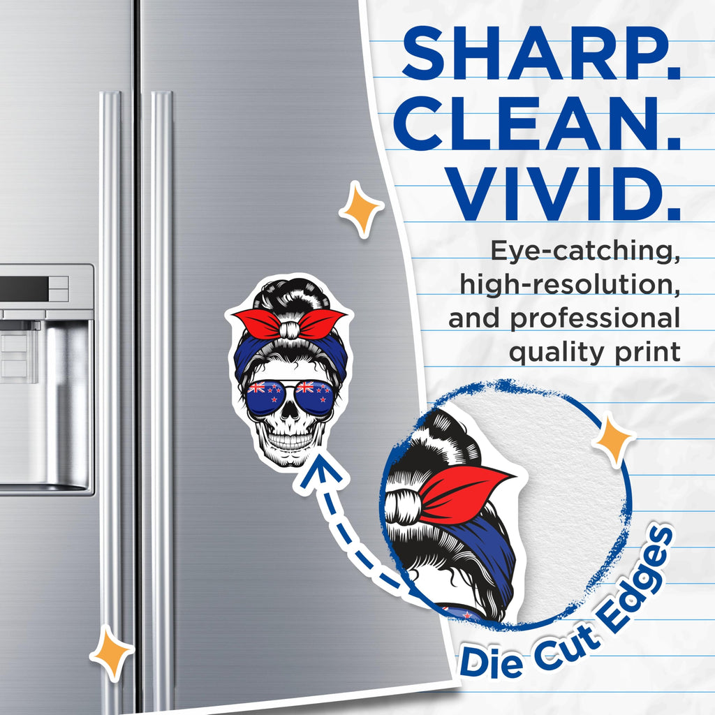 (2 Pack) New Zealand Flag Skull Magnets - Messy Bun Skull - Kiwi Pride Fridge Decor - 5" On Longest Side - Premium Magnet - for Cars, Refrigerators, Toolboxes, Lockers - Made in USA - MAG18903
