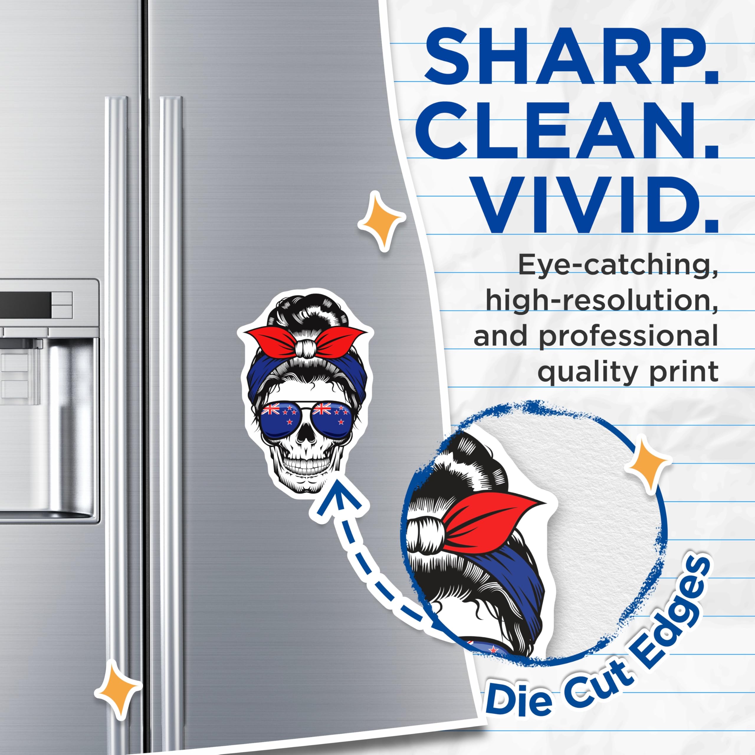 (2 Pack) New Zealand Flag Skull Magnets - Messy Bun Skull - Kiwi Pride Fridge Decor - 5" On Longest Side - Premium Magnet - for Cars, Refrigerators, Toolboxes, Lockers - Made in USA - MAG18903