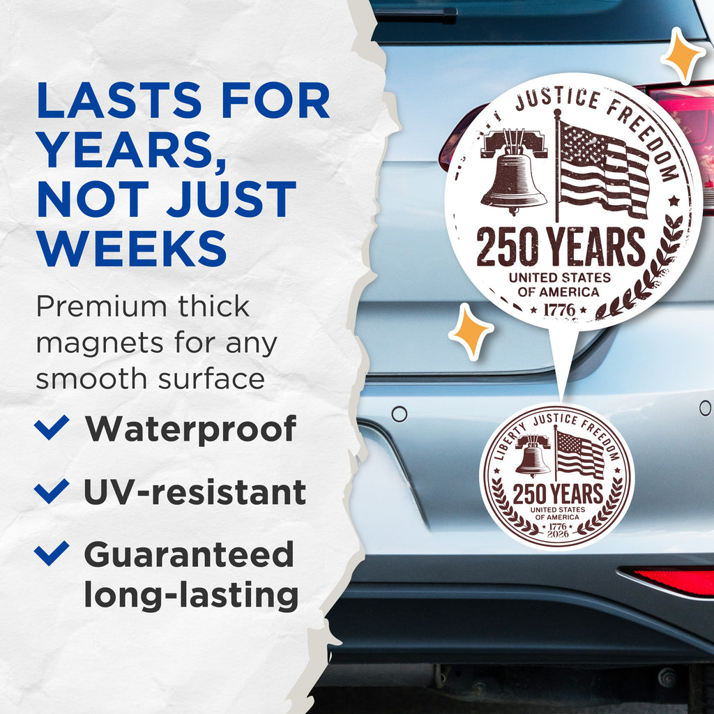 (2 Pack) USA 250th Anniversary Magnets - Patriotic American Decor - United States History Souvenir - 5 Inches On Longest Side - Thick Durable Magnet - Made in USA - MAG36537