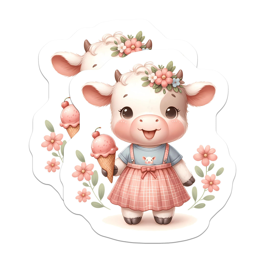 (2 Pack) Cute Baby Cow Magnets - Ice Cream Delights - Floral Farm Animal Decor - 5 Inches On Longest Side - Thick Durable Magnet - Made in USA - MAG20719