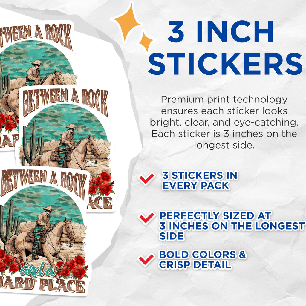 (3 Pack) Cowboy Horse Decals - Western Riding - Between Rock Hard Place - 3 Inches On Longest Side - Easy Peel & Apply - Made in USA - 3MCS2540