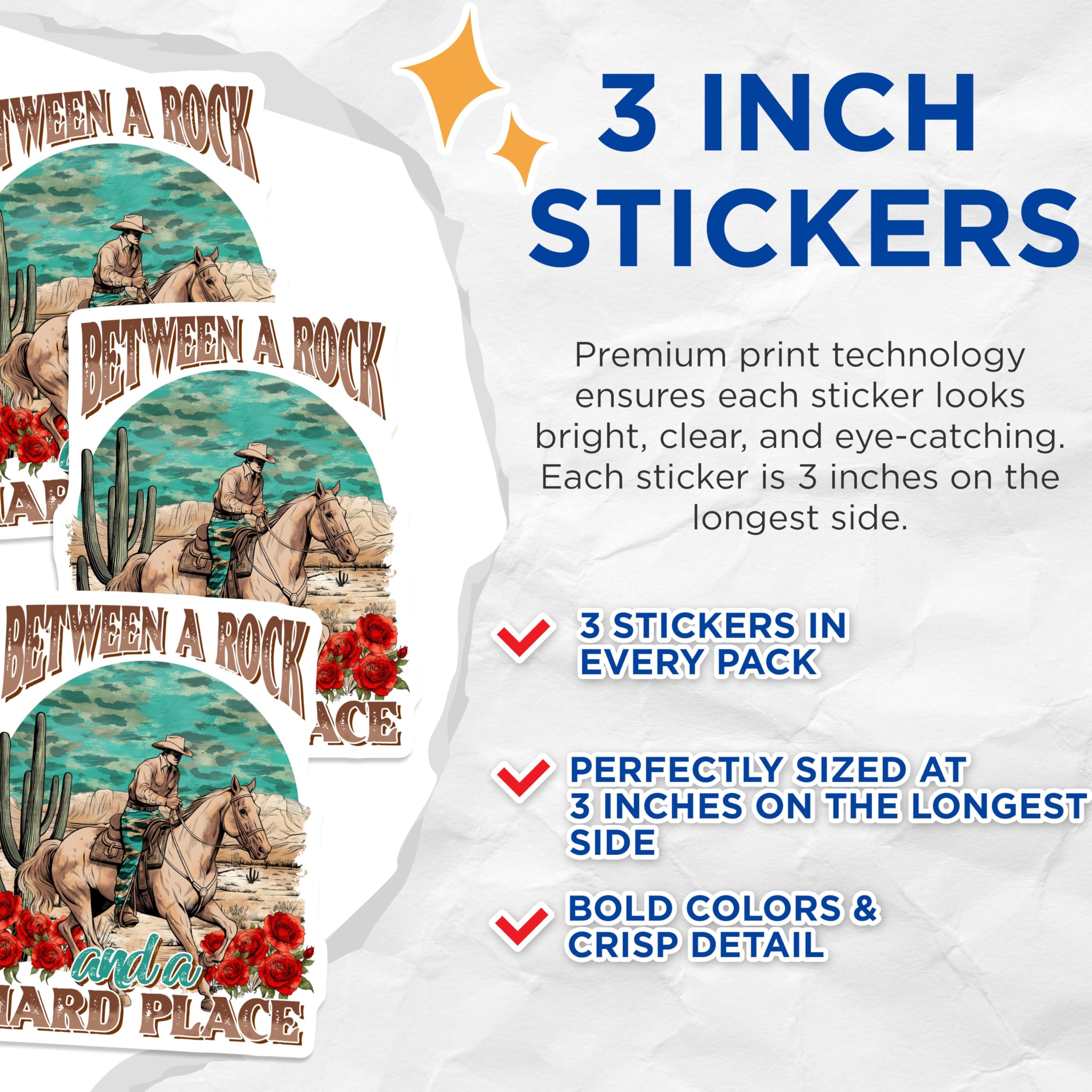 (3 Pack) Cowboy Horse Decals - Western Riding - Between Rock Hard Place - 3 Inches On Longest Side - Easy Peel & Apply - Made in USA - 3MCS2540