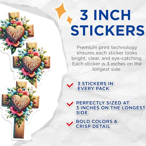(3 Pack) Christian Cross Decals - Praise God Heart Art - Floral Church Stickers- 3 Inches On Longest Side - Easy Peel & Apply - Made in USA - 3MCS5794